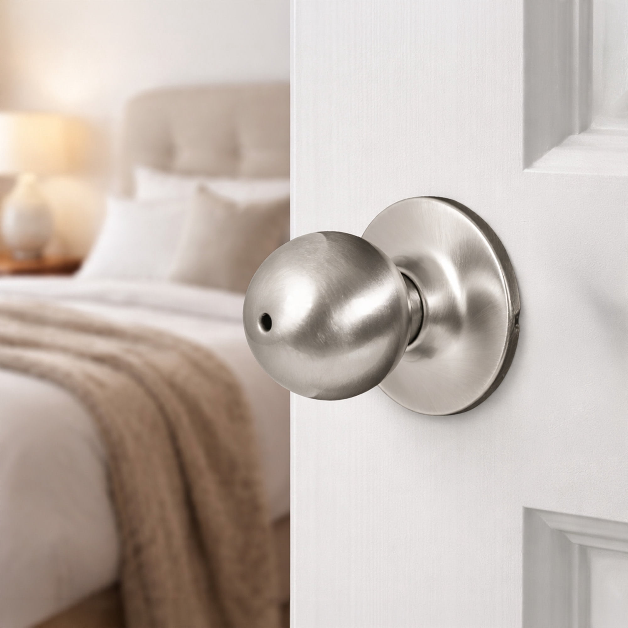 Satin Nickel Ball Privacy Door Knob, Bed and Bath Turn-Button Lock with Emergency Release, Adjustable Backset