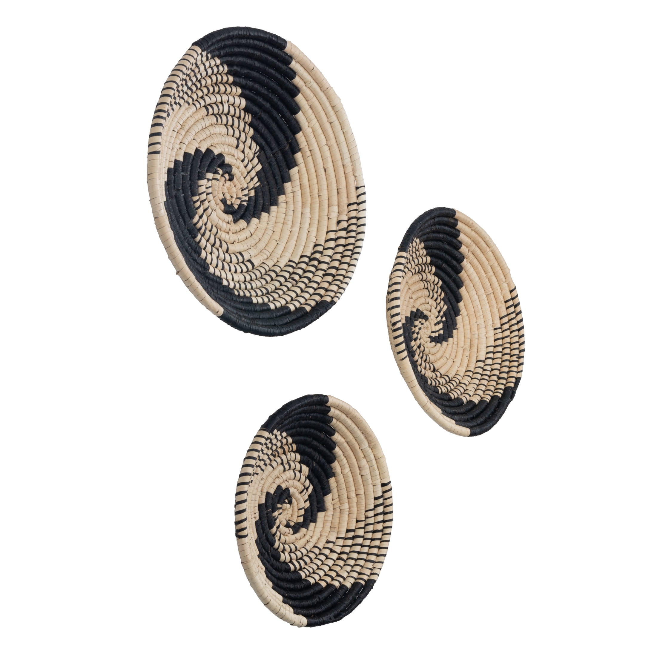 DecMode Black Seagrass Handmade Spiral Basket Plate Wall Decor (3 Count)
