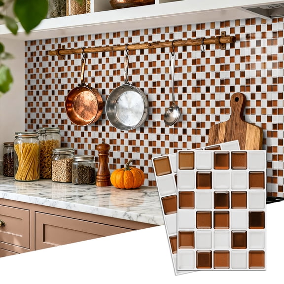 6Piece Self Adhesive Tiles Wall Stickers Decals 6.7" x 9" Brown and White Mosaic Waterproof Peel and Stick Kitchen Backsplash Wallpaper