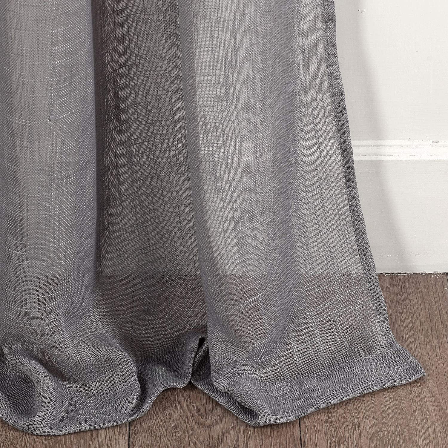 2 Piece Linen Textured Semi-Sheer Grommet Top Curtain Panel Drape Set (84" Long, Grey)