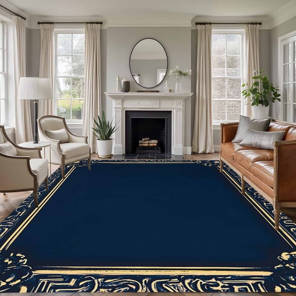 Area Rug for Living Room, Navy Blue Geometric Non-Slip Indoor Large Carpet for Bedroom/Dining Room, Farmhouse Geo Vintage Abstract Art Washable Low-Profile Rectangle Floor Runner Rugs - 5 x 7 Ft