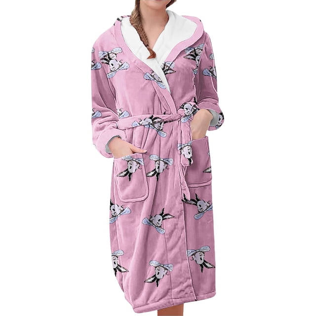 Women's Fleece Plush Robe Long Warm Plush Bathrobe Loungewear Jacket Printed Comfort Robe