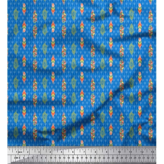 Soimoi Blue Poly Georgette Fabric Feathers Tribal Print Fabric by Yard 42 Inch Wide