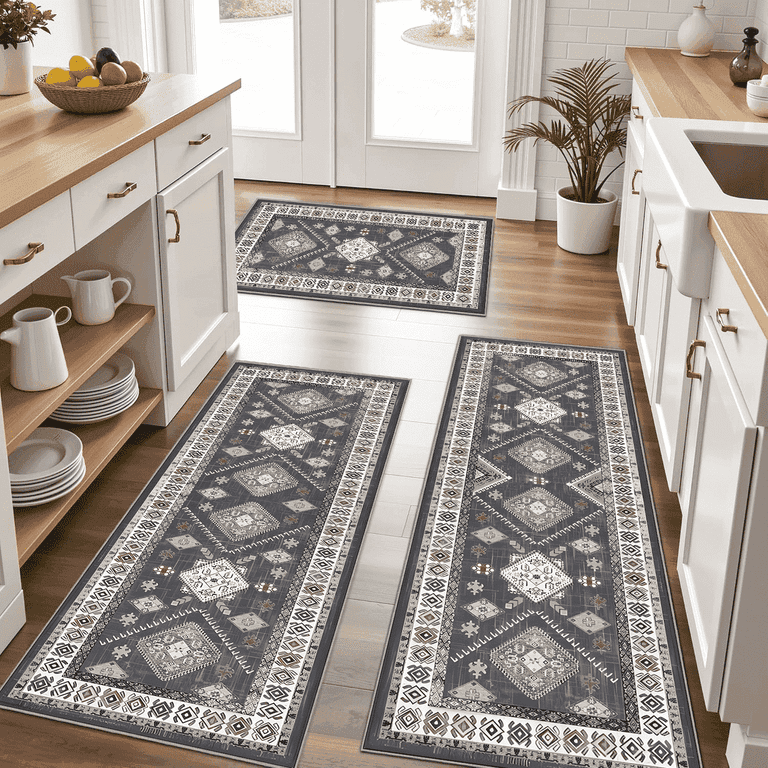 TECHVIDA Kitchen Rug Set Piece Gray Washable Farmhouse Floor