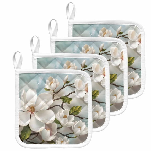 Vintage Flowers Pot Holders for Kitchen Heatproof Potholder, 4 Pack White Country Lily Floral Plant Branch Hot Pads Multipurpose Oven Pads Cloth Potholders Trivet for Cooking and Baking