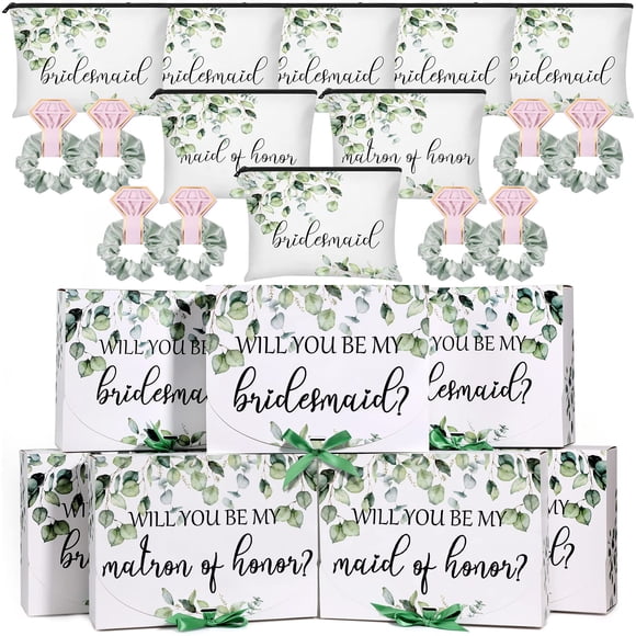 24 Pcs Wedding Themed Supplies Include 8 Bridesmaid Proposal Box 8 Bridesmaid Canvas Makeup Bags Matron of Honor Bag and 8 Hair Scrunchies Bridal Satin Hai