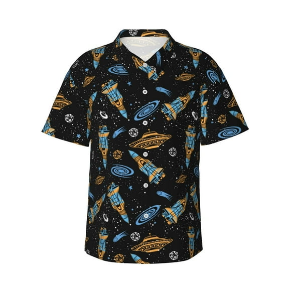 Gukieu Space Rockets Print Men's Short-sleeved Shirts, Button-down Lapel Hawaiian Shirts, T-shirts, Beach Vacation Summer Casual Wear,Small