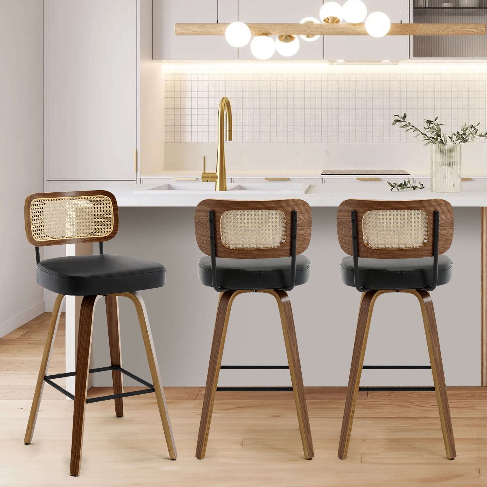 Foreate Swivel PU Bar Stools, Set of 1, 29" Bar Height Upholstered Leather with Rattan Back Wood Legs, Modern Chair Island Counter Stool for Kitchen, Black
