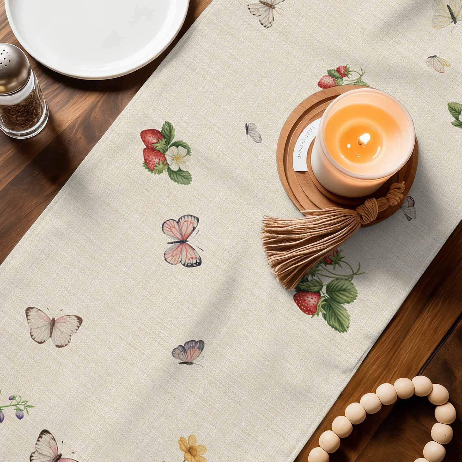Spring Easter Table Runner Linen Burlap Table Runner 120 Inches Long Country Bunny Chick Floral Butterflies Burlap Dresser Scarves for Kitchen Island Coffee Dining Party Holiday Decor 13"x120"