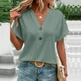 thumbnail image 5 of Women Plus Size Tops Sawvnm Women's Fashion Casual Solid Color Button V-neck T-shirt Top Short Sleeved V-neck Top/shirt Green 4XL, 5 of 7