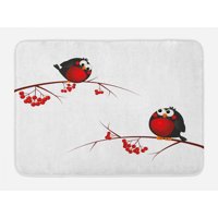 Rowan Bath Mat, Cute Kids Themed Cartoon Style Birds on Branches Funny Happy Christmas Design, Non-Slip Plush Mat Bathroom Kitchen Laundry Room Decor, 29.5 X 17.5 Inches, Red Black White, Ambesonne
