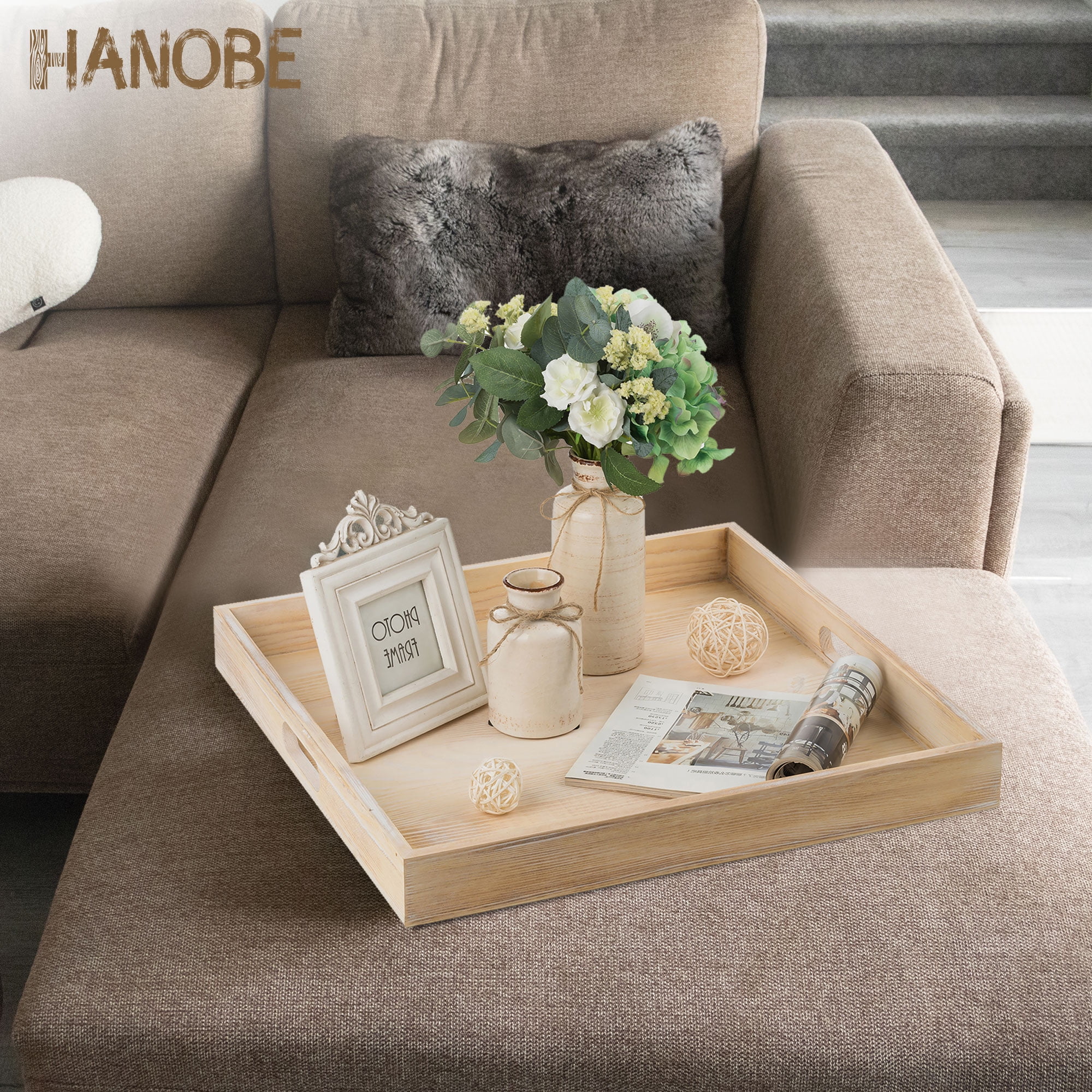 Hanobe Natural Wood Color Large Ottoman Tray Square Trays for