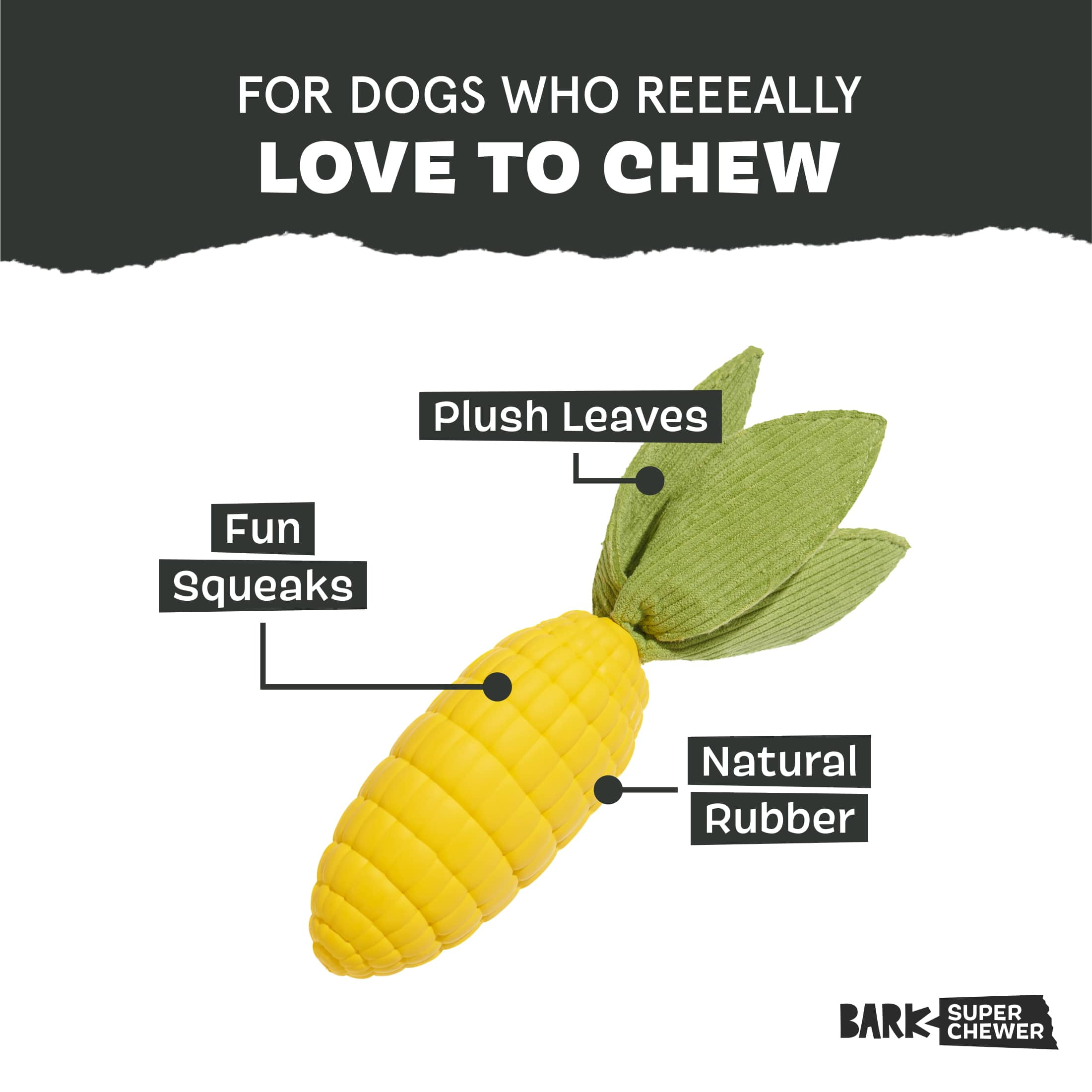 BARK Super Chewer Corn To Run Durable Rubber Vegetable Dog Toy L