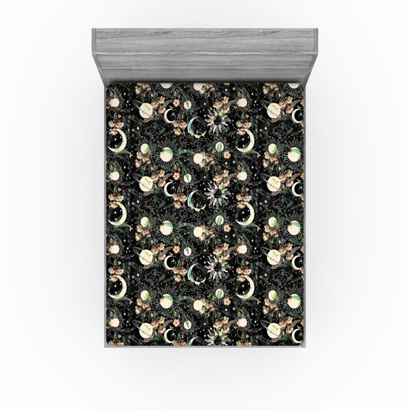 Ambesonne Boho Art Fitted Sheet, Space Sun and Moon Motif, Full Size, Green Peach and Black