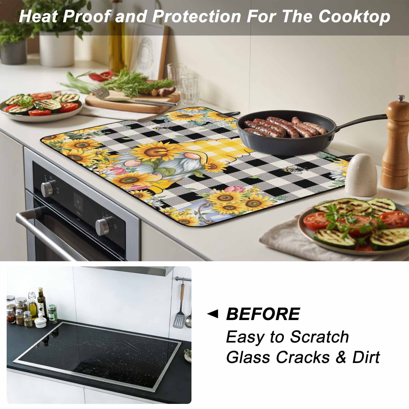 Gnomes Plaid Stove Top Cover for Electric Stove, Heat-proof & Non Slip Glass Top Stove Cover Protector, Yellow Sunflower Farmhouse Bee Black Check Kitchen Flat Cooktop Rubber Mat 31x24 Inches