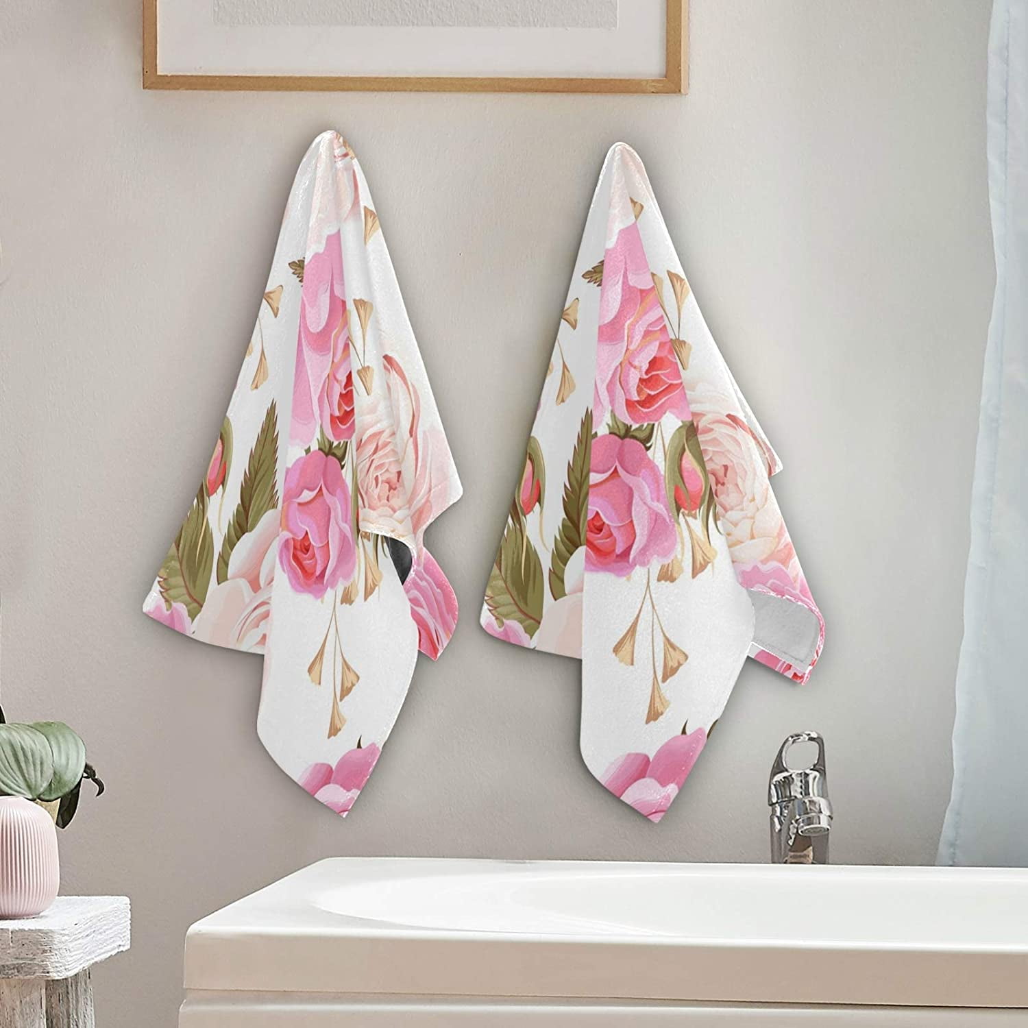 HTOOQ Beautiful Floral Pink Roses Hand Towels Set of 2 Luxury Print Decorative Bathroom Towels Super Soft Highly Absorbent Multipurpose Towels for Yoga Gym Spa Hotel Bathroom Kitchen 28x14 Inch Walmar...