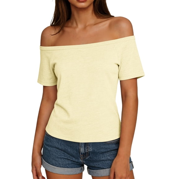 fatyb Womens off the Shoulder Tops Casual Short Sleeve Tee Shirts Summer Elegant Tshirts for Going Out