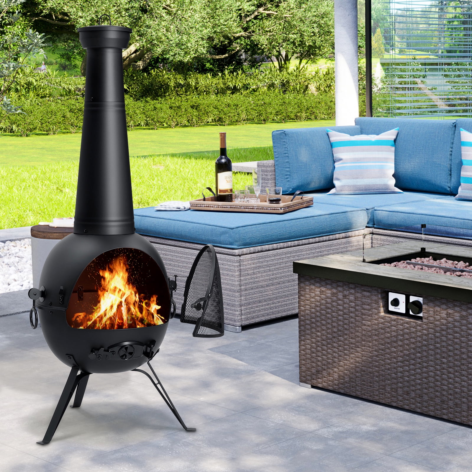 SinglyFire Chiminea Outdoor Fireplace Wood Burning Chimenea Metal Cast Iron Fire Pit with Cover Rain Lids for Backyard Garden Camping Patio Heater