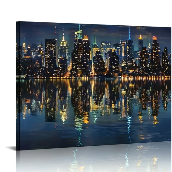 FCXZI City Skyline at Night Wall Art Canvas Prints Modern Ready To Hang Home Decor - Perfect Gift for Various Occasions 16x12in