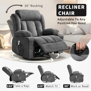 TEQIN Massage Swivel Recliner Chair,Oversized Rocker Recliner with Massage and Lumbar Heat Ergonomic Rocker Chair,Recliner Chairs w/Remote Control, Side Pocket, 2 Cup Holders, USB Charge Port
