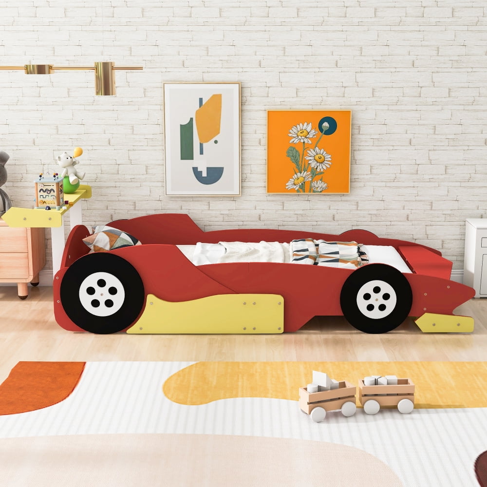 Twin Size Race Car-Shaped Platform Bed with Decorative Wheels, Low-Profile Frame, No Box Spring Needed