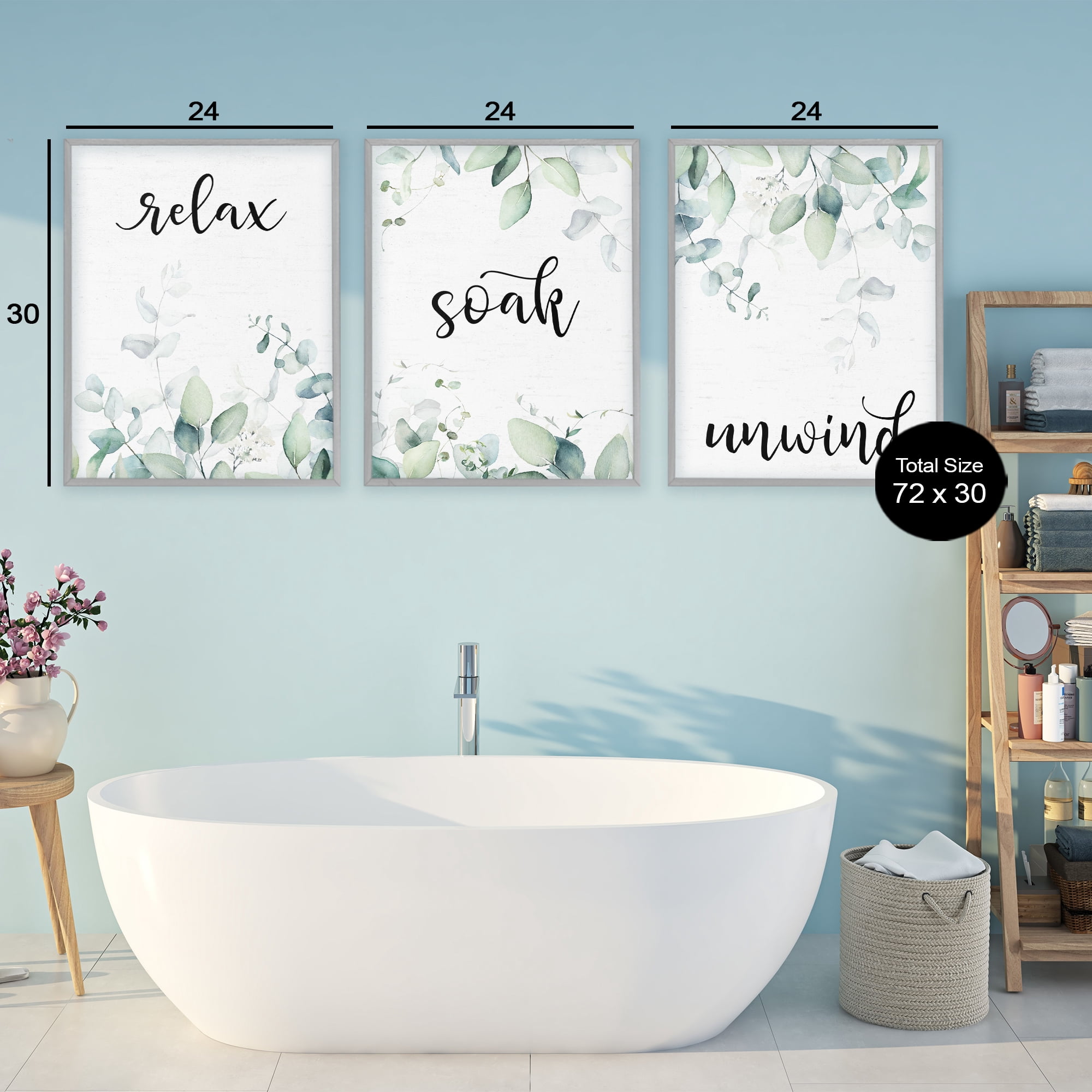 Leafy Bathroom Herbs 3 Piece Gray Framed Giclee Art Set, design by Lettered and Lined