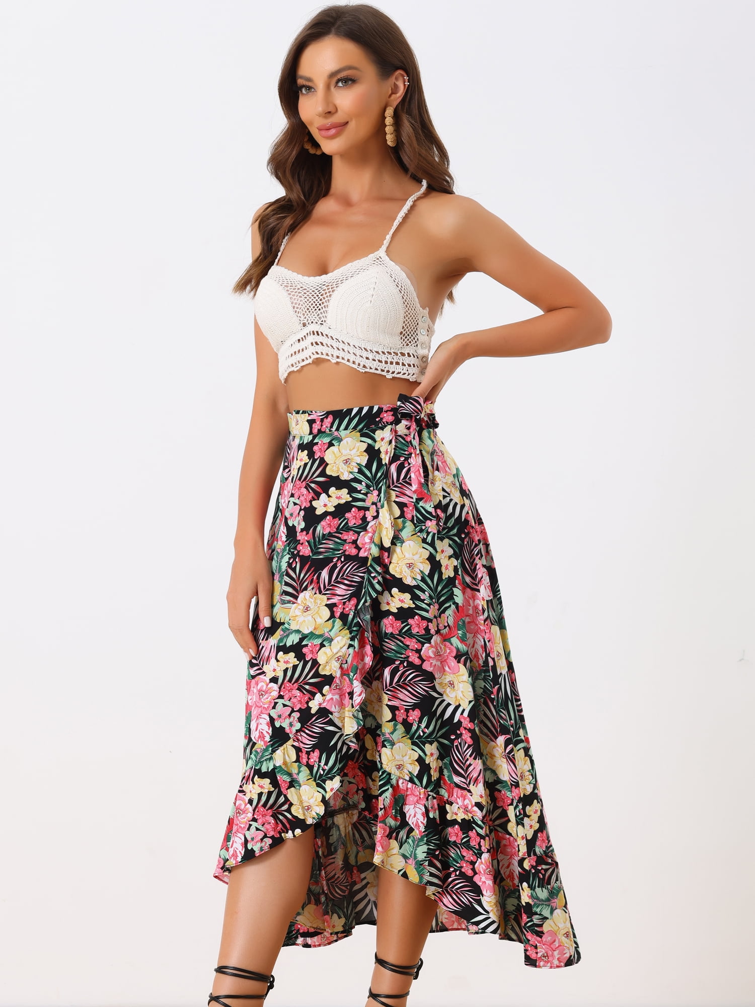 DARING DIVA Women's Ruffle Self Tie Knot Split Beach Wrap Midi Skirt L Black