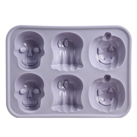 Way To Celebrate 6 Cavity Silicone Cakelet Pan, Jack-o’-lantern, Ghost and Skull designs, Purple