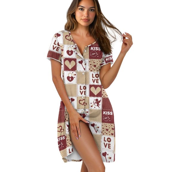 FKELYI Retro Love Print Women's Nightgown Short Sleeve Pajama Dress Sleepwear Dress Button Down Sleep Shirts House Robe Skin-Friendly Boyfriend Nightdress, L