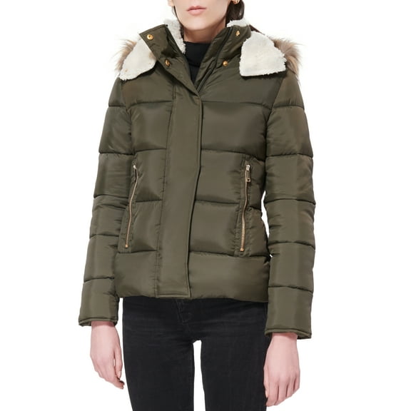 Maralyn & Me OLIVE Women's Juniors' Faux-Fur-Trim Hooded Puffer Coat, XL