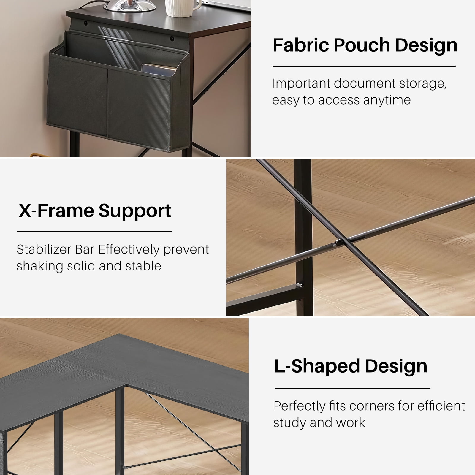 TINKLE WELL 50-inch L-Shaped Computer Desks, Corner Gaming Table with Wooden Desktop, Reversible Design, CPU Stand and Side Bag for Home Office, Study, Black