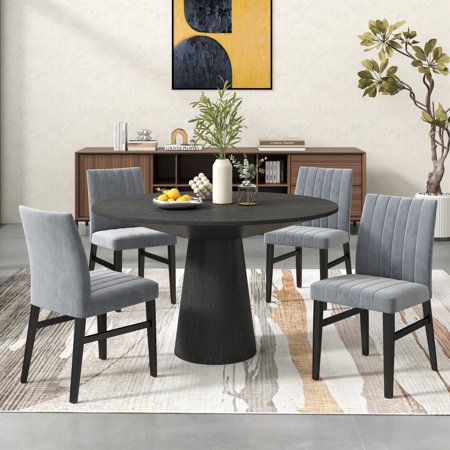Roundhill Furniture Butler 5-Piece Round Dining Set Pedestal Dining Table with 4 Side Chairs Gray