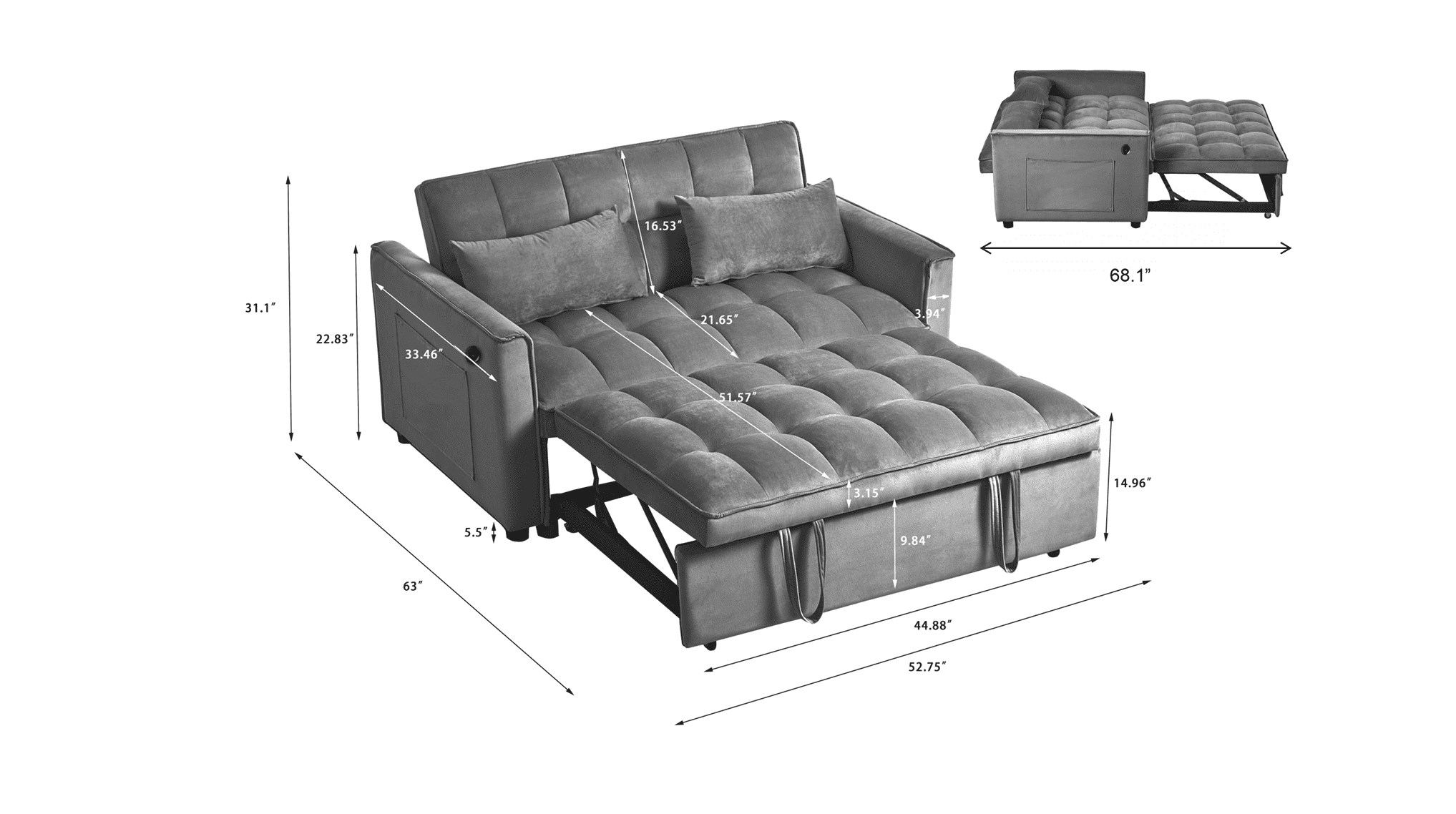 Gewnee 3-in-1 Convertible Sofa Bed and Loveseat Sleeper, Velvet Pull Out Couch with USB & Side Pockets, Dark Grey, Living Room & Apartment