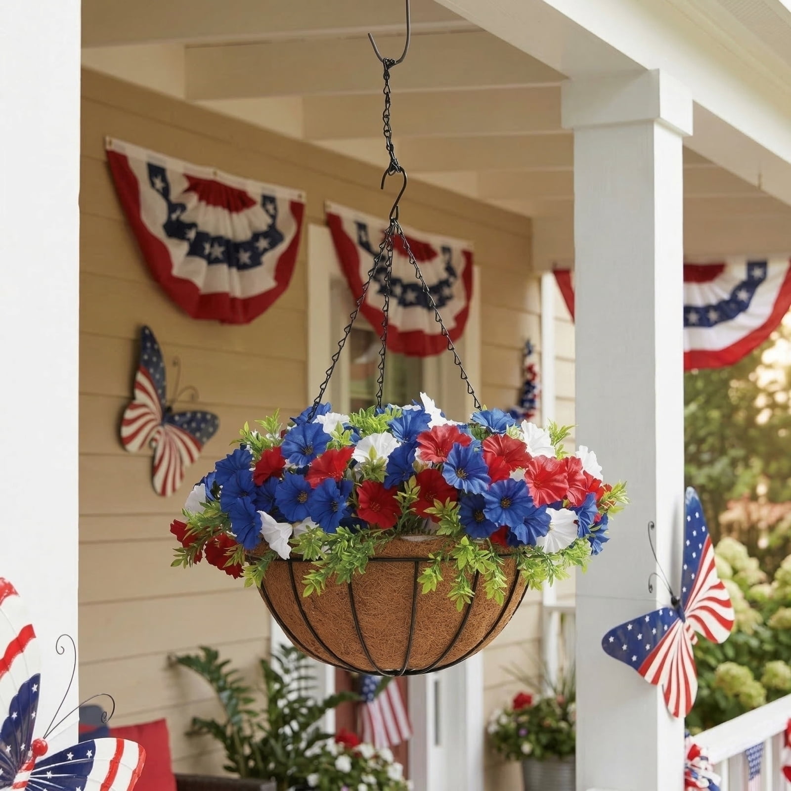 4th of July Hanging Flower Basket with Artificial Flowers, Patriotic Red White Blue Faux Hanging Planter for Porch Garden Patio Balcony Independence Day Home Decor 250th Anniversary Decorations