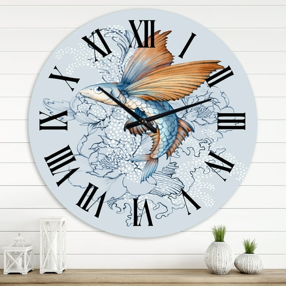 Designart 'Flying Fish On Peonies' Traditional Wall Clock