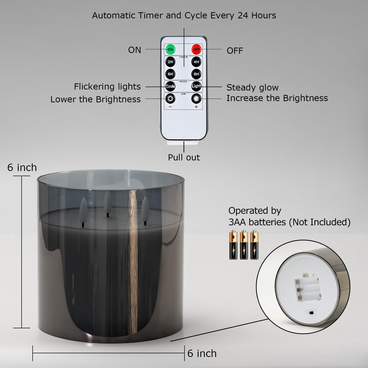 Homemory 6X6'' Extra Large Flameless Candle with 3 Wicks, Glass LED Pillar Candle, Real Wax Battery Operated Candle with Remote Control and Timer, Grey