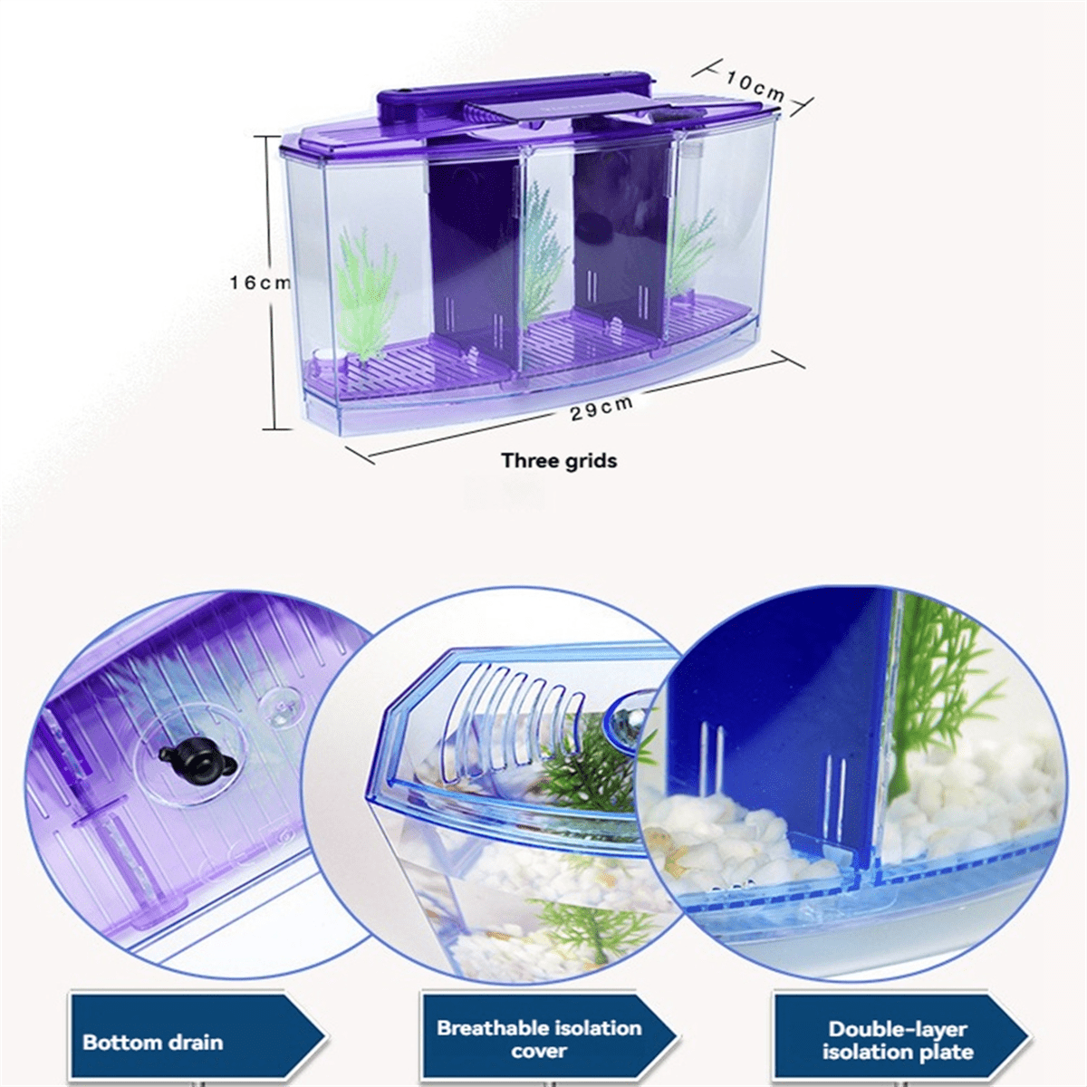 Mini Breeding Fish Tank Aquarium Fish Tank LED Acrylic Three Divisions Breeding Isolation Box for Small Fishes Blue