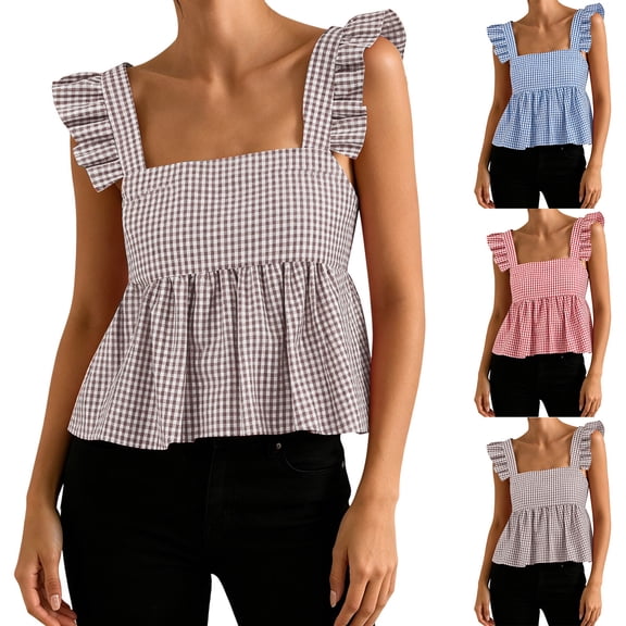 KDFJPTH Womens Tank Tops Summer Plaid Ruffle Casual Cute Fashion Dressy Cami Shirts Red L