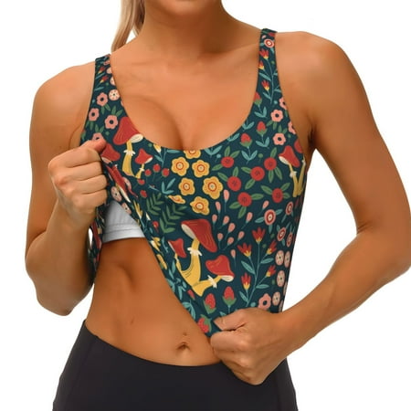 Qokaie Mushrooms And Flowers Pattern Womens Scoop Neck Sports Bra Breathable Workout Vest Padded U Back Medium Impact Fitness Gym Yoga Bra Workout Crop Top