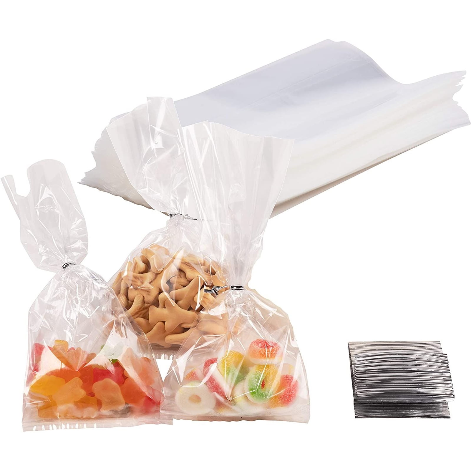 Candies,Dessert，Popcorn Cookies 200 PCS Clear Bags，Party Favor Bags with 200 Twist Ties 5 Mix Colors Good for Bakery 2 x 10 