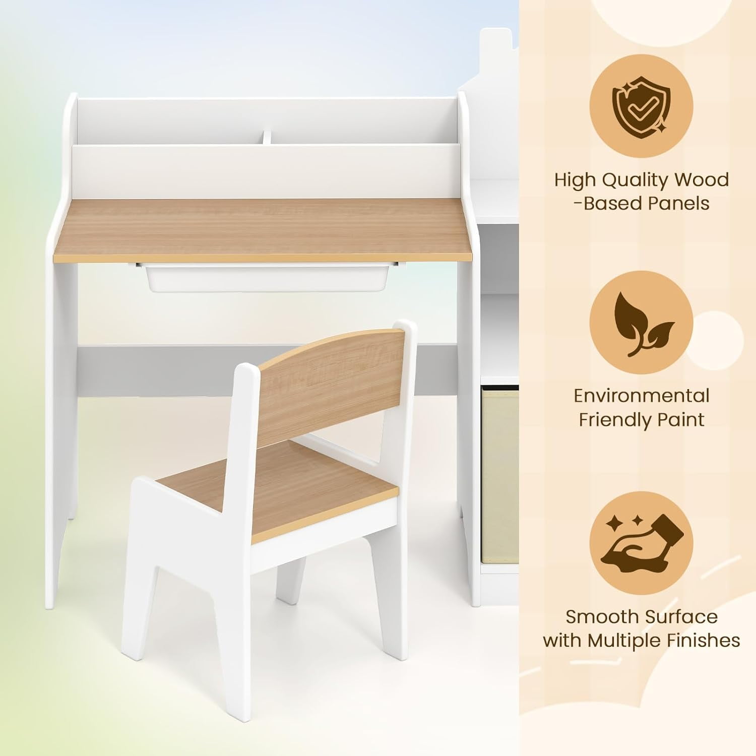 OLAKIDS Kids Table and Chair Set, Toddler Art Craft Play Wood Activity Desk with Chairs Storage Canvas Bin for Writing Drawing, Children Furniture for Daycare Nursery Boys Girls 3+