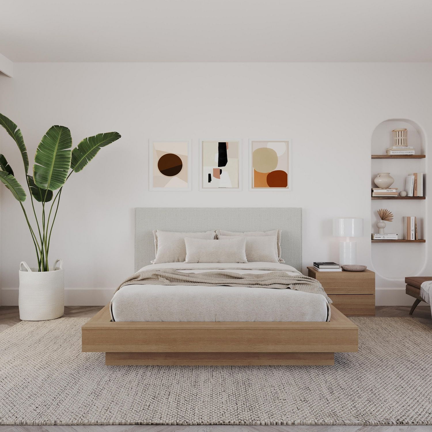 Ensemble de chambre à coucher Julian 3 pièces avec lit plateforme, tête de lit rembourrée et table de chevet