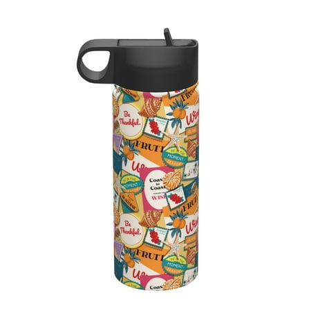 

Ocsxa Retro Summer Stamp Print 18 oz Insulated Water Bottle With Straw Stainless Steel Sports Water Cup Flask Wide Mouth Travel Thermal Mug for Home Office or Car