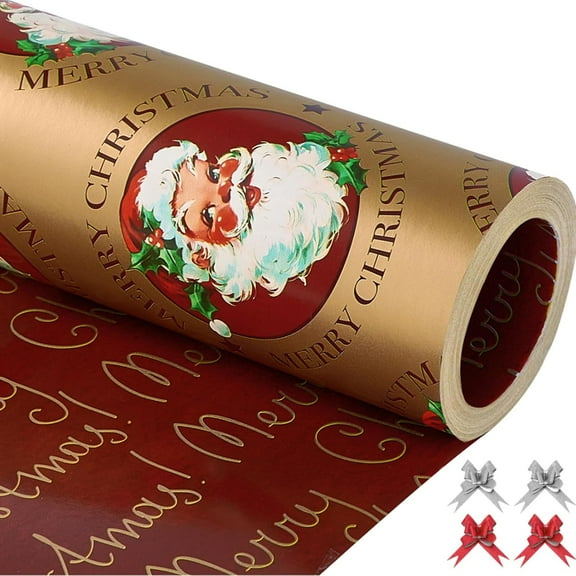Vintage Santa Christmas Wrapping Paper Rolls Set, Gold Matte Heavy Duty Traditional Gift Wrap, Retro Metallic Cartoon, Burgundy Red Reversible, Total 28.5sq.ft