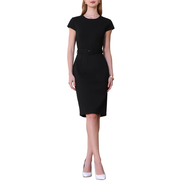 VESTIDO LARGO DE LÁPIZ PARA MUJERES INSPIRE CHIC, CON MANGA CORTA Y CINTURÓN, PARA TRABAJAR, TALLA XL, NEGRO