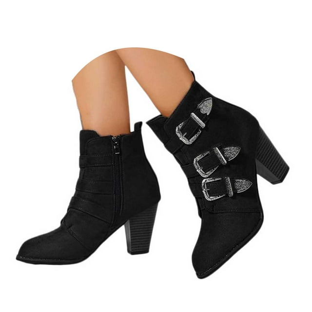 Leozcaa Women's Zipper Booties Chunky Stacked Heel Ankle Boots Buckle Strap Ankle Short Combat Booties