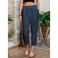 thumbnail image 4 of Pantalones Acelit de lino casuales para mujer, cintura elástica, con cordón, azul, 4 of 7