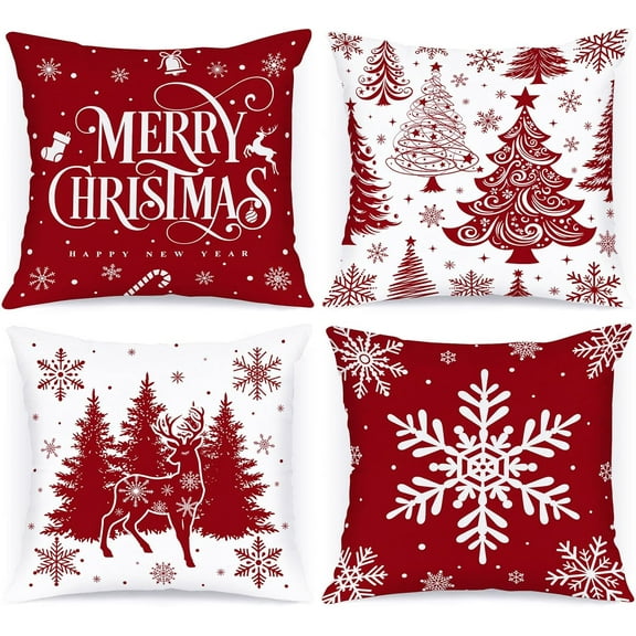 12x12 Red Christmas Pillow Covers Set of 4, Lumbar Pillowcase, Winter Decorative Pillow Case, Merry Christmas Tree Cushion for Indoor Home Bedroom Sofa Xmas Couch Decor