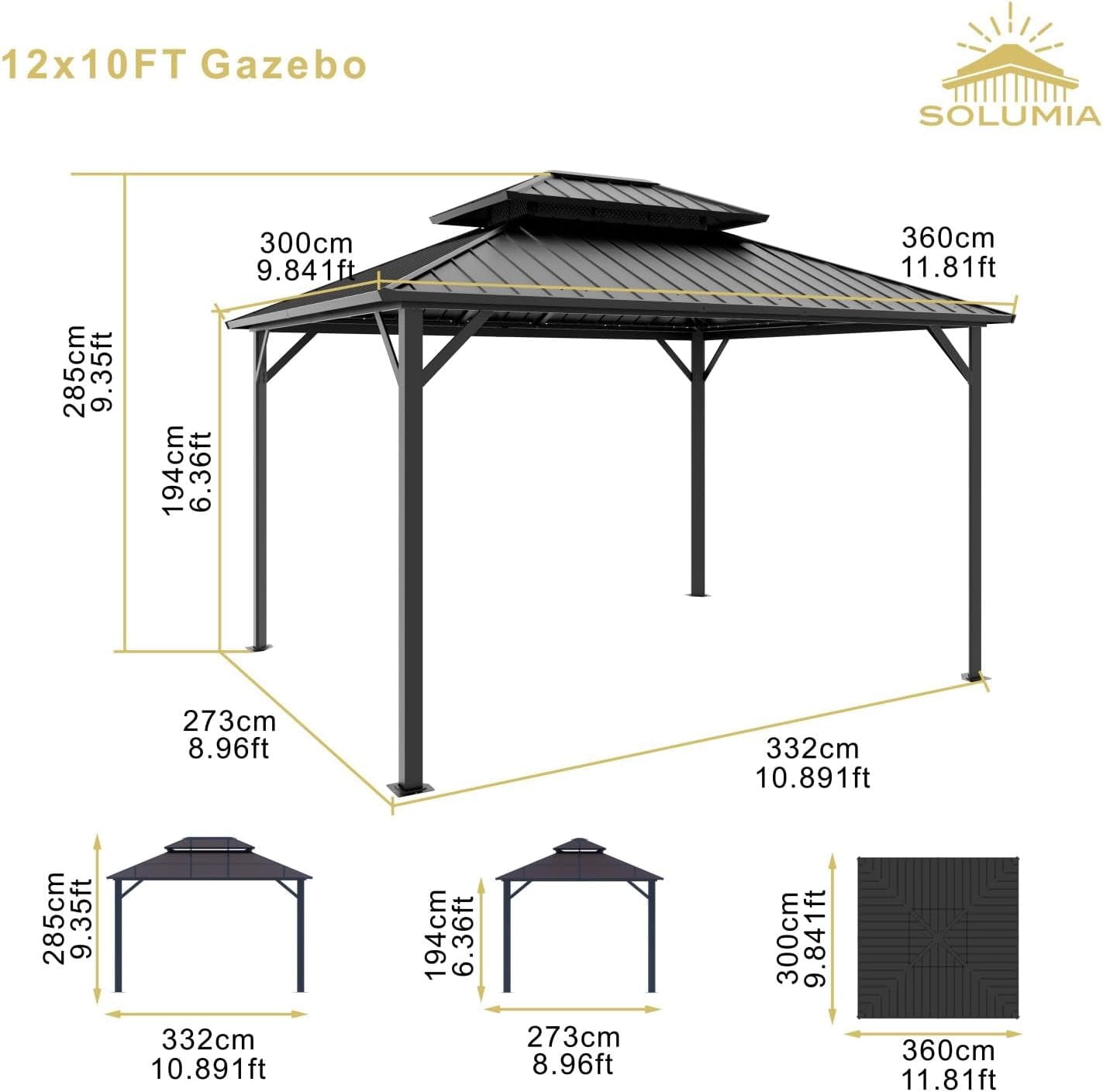SOLUMIA 10' x 12' Hardtop Gazebo with Galvanized Steel Double Roof and Aluminum Frame for Patio and Backyard