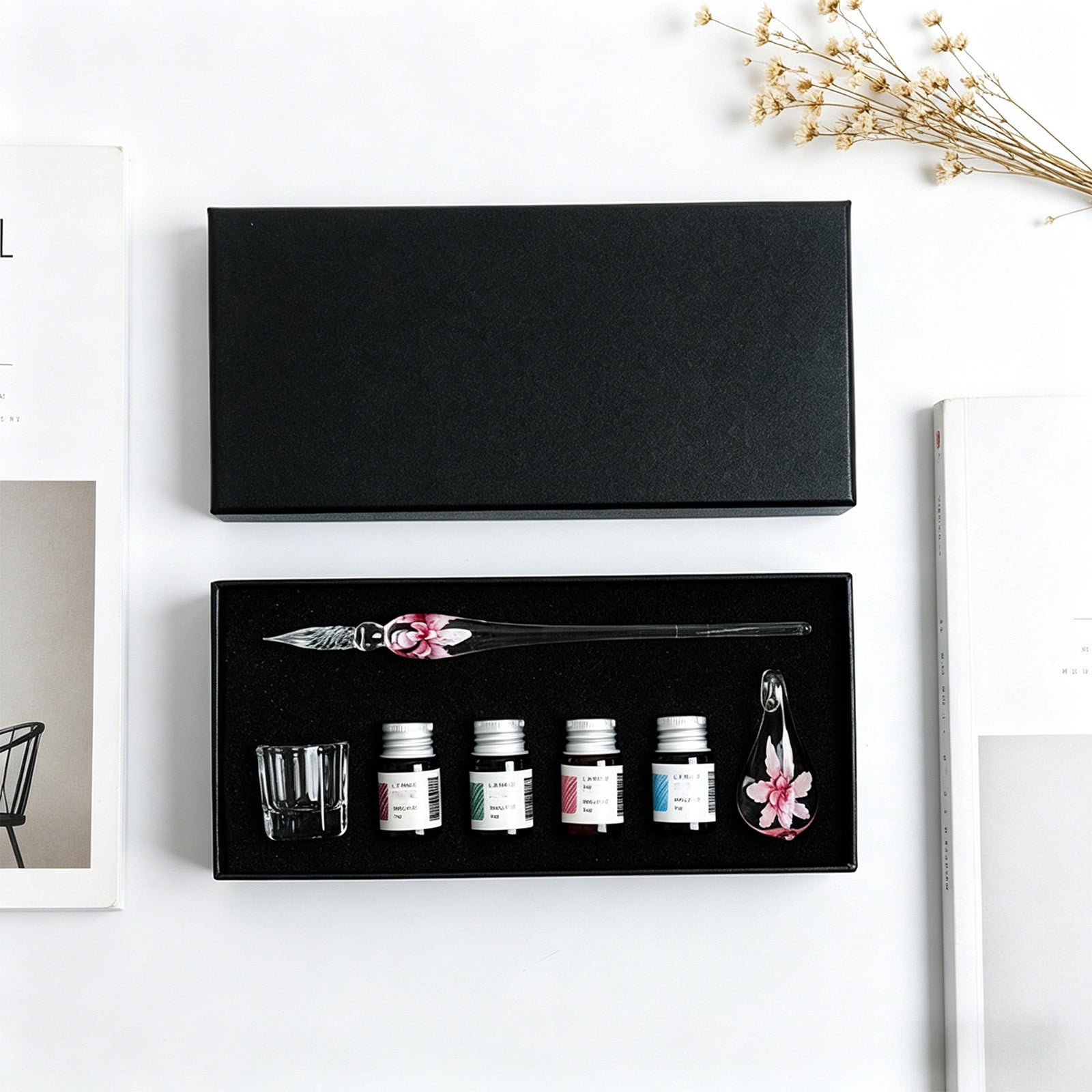 Xheghe Crystal Glass Pen Set with Ink Bottles, Brush Washing Cup & Pen Rack - Ideal Gift for Writers and Professionals